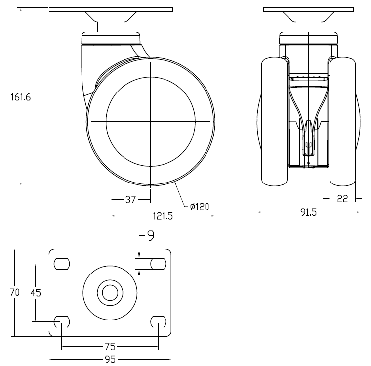 Top Plate Fitting Swivel Bed Caster MY-120P-062B